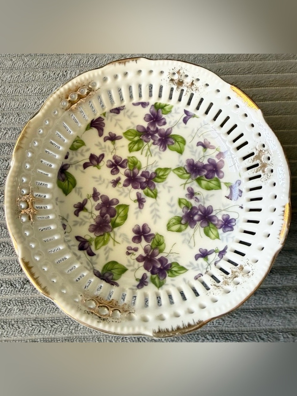Vintage Floral Forget Me Not Plate Gold Accents Dish Trinket Lace Made in Japan